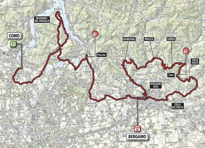 Domenica 5 ottobre l&#39;edizione numero 108 del Lombardia, 256 km da Como a Bergamo. Ecco di seguito l&#39;altimetria completa e il dettaglio delle salite. 